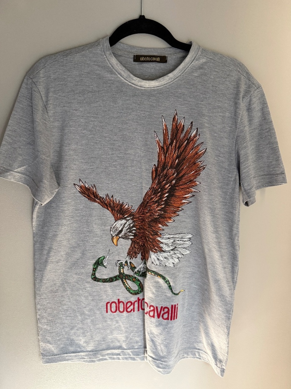 ⁠Roberto Cavalli Eagle & Snake Graphic Tee Size L Grey Cotton